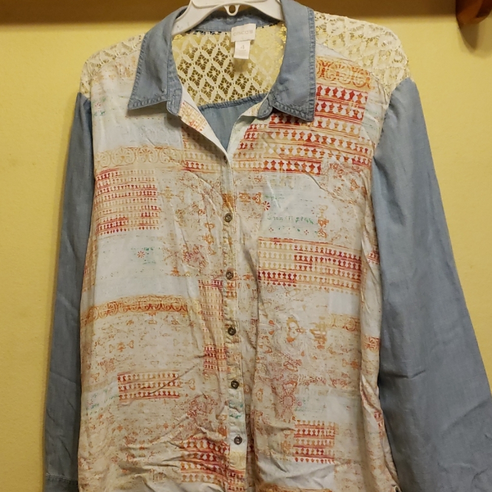 Cute Casual chambray lace chico's top